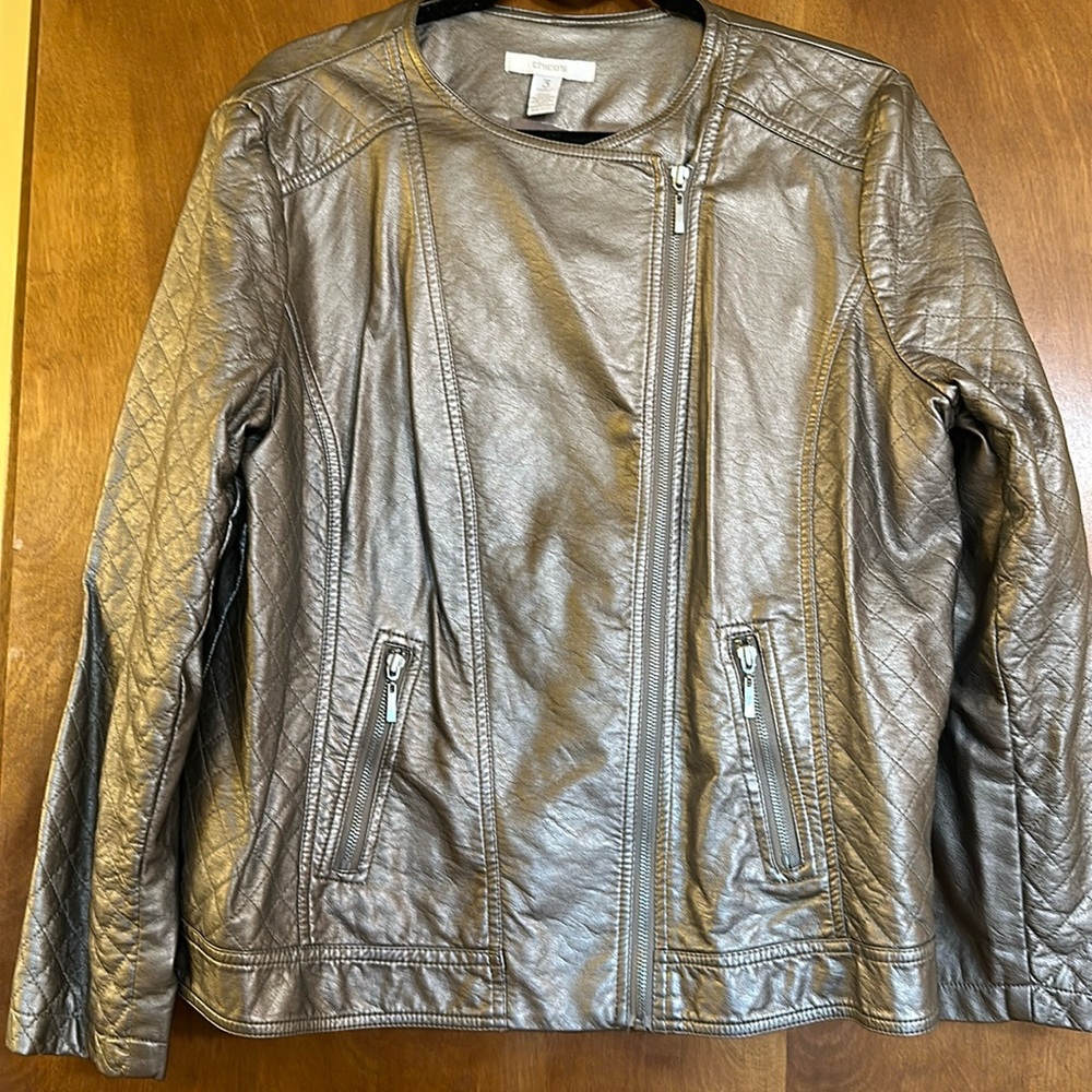 Fun, metallic bronze, faux, leather, Chicos, jacket, size 3